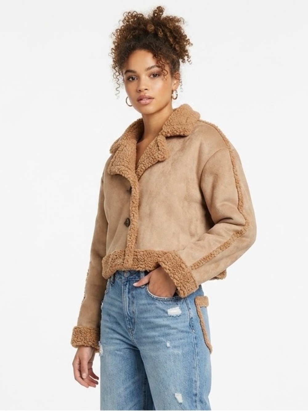 NWT Wild Fable Faux Shearling Suede Cropped Jacket Tan Brown L